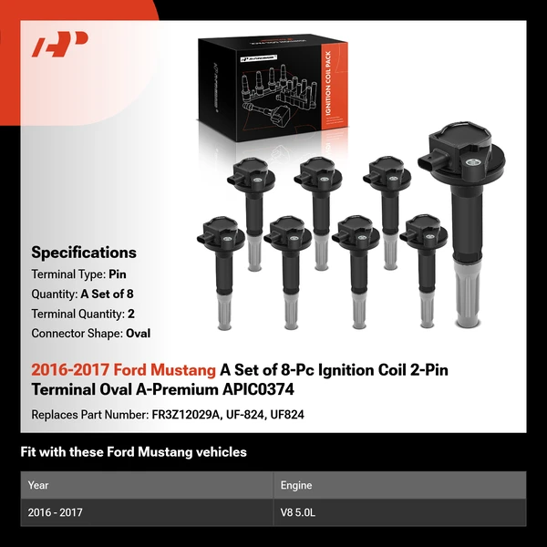 2016-2017 Ford Mustang A Set of 8-Pc Ignition Coil 2-Pin Terminal Oval A-Premium APIC0374