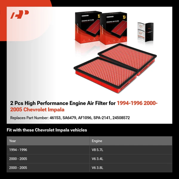 2 Pcs High Performance Engine Air Filter for 1994-1996 2000-2005 Chevrolet Impala