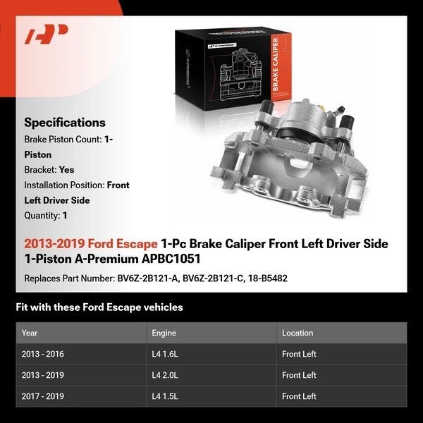 2013-2019 Ford Escape 1-Pc Brake Caliper Front Left Driver Side 1-Piston A-Premium APBC1051
