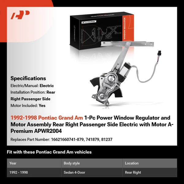 1992-1998 Pontiac Grand Am 1-Pc Power Window Regulator and Motor Assembly Rear Right Passenger Side Electric with Motor A-Premium APWR2004