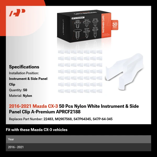 2016-2021 Mazda CX-3 50 Pcs Nylon White Instrument & Side Panel Clip A-Premium APRCF2188