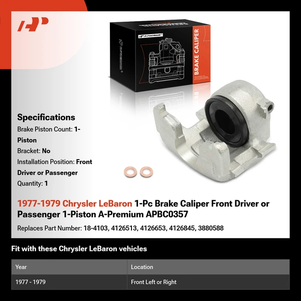 1977-1979 Chrysler LeBaron 1-Pc Brake Caliper Front Driver or Passenger 1-Piston A-Premium APBC0357