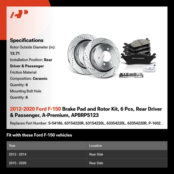2012-2020 Ford F-150 Brake Pad and Rotor Kit, 6 Pcs, Rear Driver & Passenger, A-Premium, APBRPS123