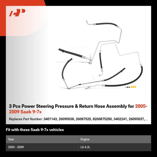 3 Pcs Power Steering Pressure & Return Hose Assembly for 2005-2009 Saab 9-7x