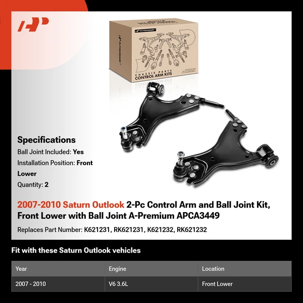 2007-2010 Saturn Outlook 2-Pc Control Arm and Ball Joint Kit, Front Lower with Ball Joint A-Premium APCA3449