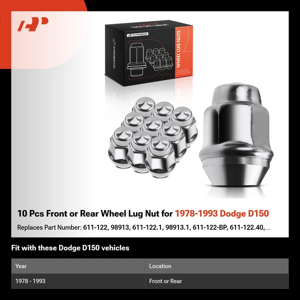 10 Pcs Front or Rear Wheel Lug Nut for 1978-1993 Dodge D150