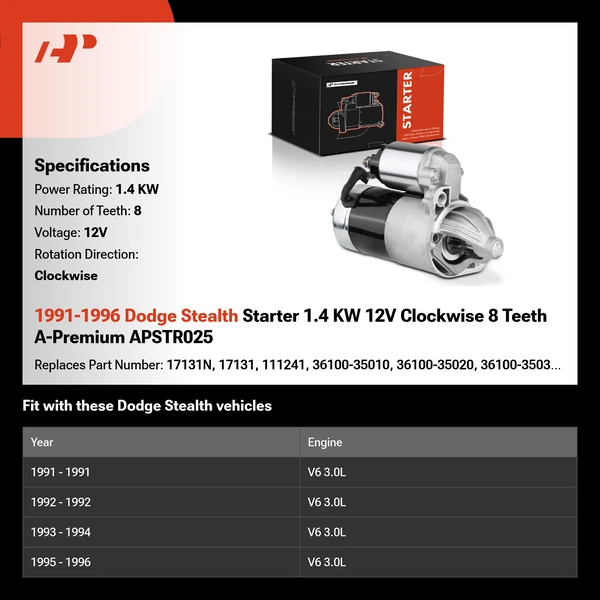 1991-1996 Dodge Stealth Starter 1.4 KW 12V Clockwise 8 Teeth A-Premium APSTR025