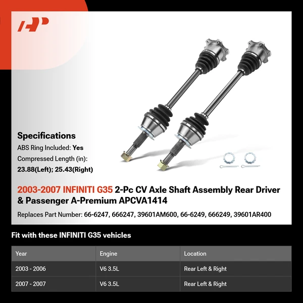 2003-2007 INFINITI G35 2-Pc CV Axle Shaft Assembly Rear Driver & Passenger A-Premium APCVA1414