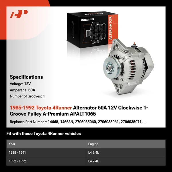 1985-1992 Toyota 4Runner Alternator 60A 12V Clockwise 1-Groove Pulley A-Premium APALT1065