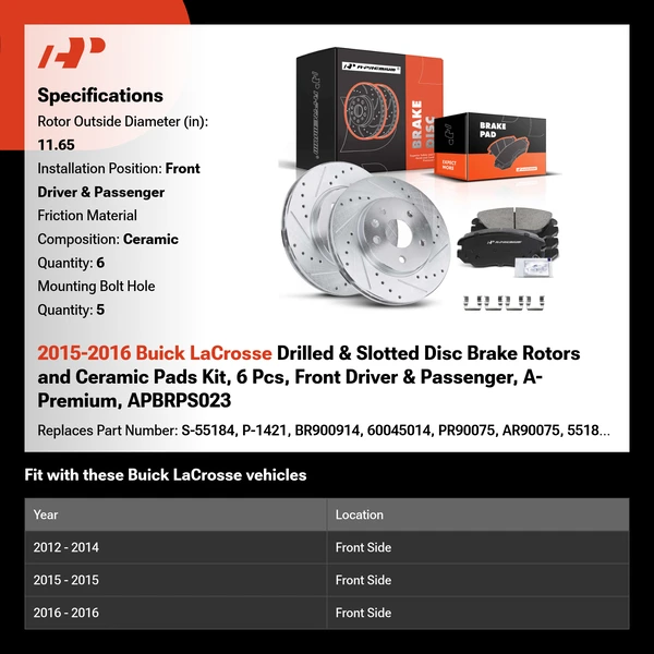 2015-2016 Buick LaCrosse Drilled & Slotted Disc Brake Rotors and Ceramic Pads Kit, 6 Pcs, Front Driver & Passenger, A-Premium, APBRPS023