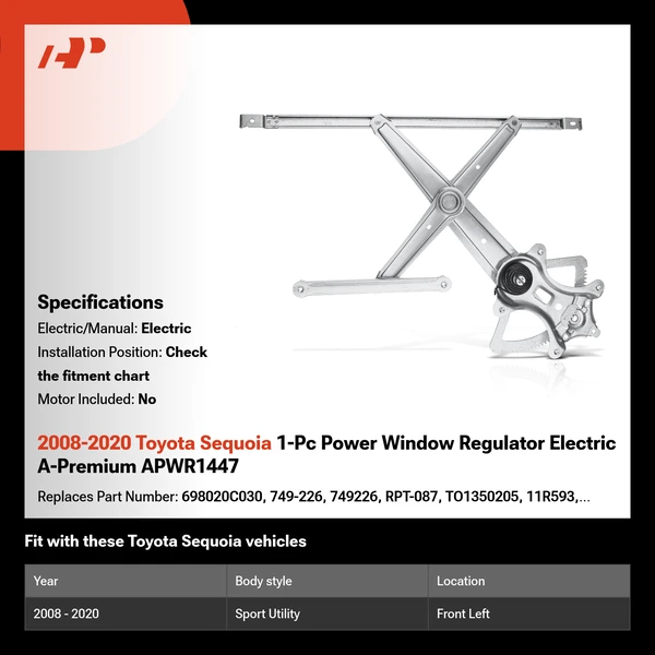 2008-2020 Toyota Sequoia 1-Pc Power Window Regulator Electric A-Premium APWR1447
