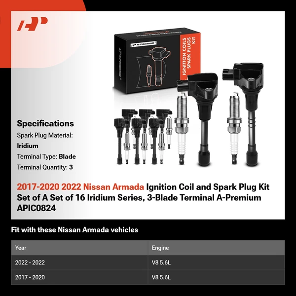 2017-2020 2022 Nissan Armada Ignition Coil and Spark Plug Kit Set of A Set of 16 Iridium Series, 3-Blade Terminal A-Premium APIC0824