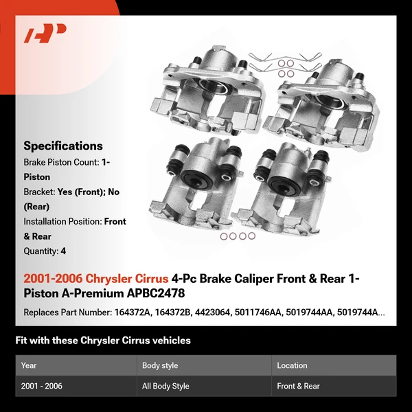 2001-2006 Chrysler Cirrus 4-Pc Brake Caliper Front & Rear 1-Piston A-Premium APBC2478