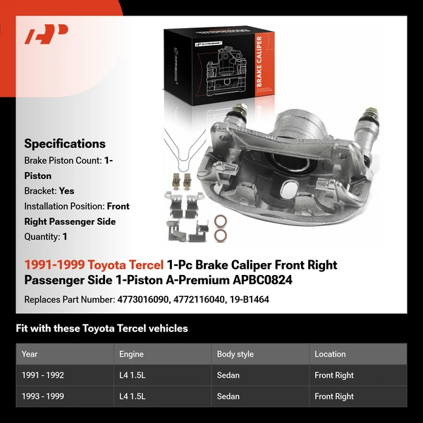 1991-1999 Toyota Tercel 1-Pc Brake Caliper Front Right Passenger Side 1-Piston A-Premium APBC0824