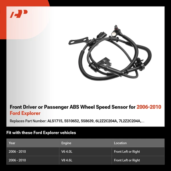 Front Driver or Passenger ABS Wheel Speed Sensor for 2006-2010 Ford Explorer