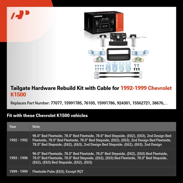 Tailgate Hardware Rebuild Kit with Cable for 1992-1999 Chevrolet K1500