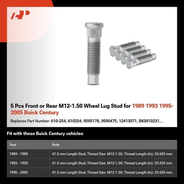 5 Pcs Front or Rear M12-1.50 Wheel Lug Stud for 1989 1993 1995-2005 Buick Century