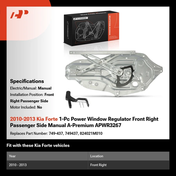 2010-2013 Kia Forte 1-Pc Power Window Regulator Front Right Passenger Side Manual A-Premium APWR3267
