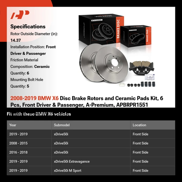 2008-2019 BMW X6 Disc Brake Rotors and Ceramic Pads Kit, 6 Pcs, Front Driver & Passenger, A-Premium, APBRPR1551