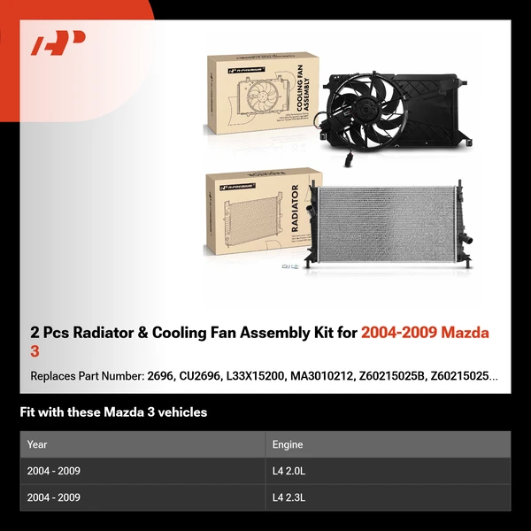 2 Pcs Radiator & Cooling Fan Assembly Kit for 2004-2009 Mazda 3