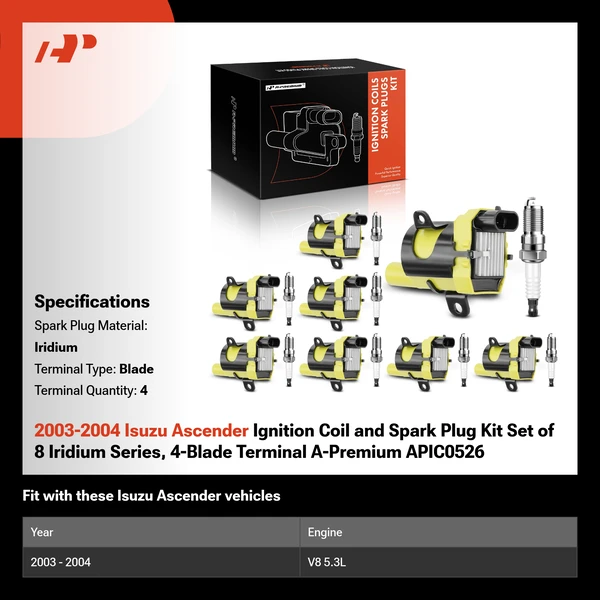2003-2004 Isuzu Ascender Ignition Coil and Spark Plug Kit Set of 8 Iridium Series, 4-Blade Terminal A-Premium APIC0526