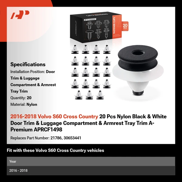 2016-2018 Volvo S60 Cross Country 20 Pcs Nylon Black & White Door Trim & Luggage Compartment & Armrest Tray Trim A-Premium APRCF1498