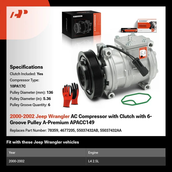 2000-2002 Jeep Wrangler AC Compressor with Clutch with 6-Groove Pulley A-Premium APACC149