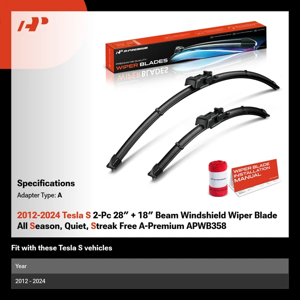2012-2024 Tesla S 2-Pc 28″ + 18″ Beam Windshield Wiper Blade All Season, Quiet, Streak Free A-Premium APWB358