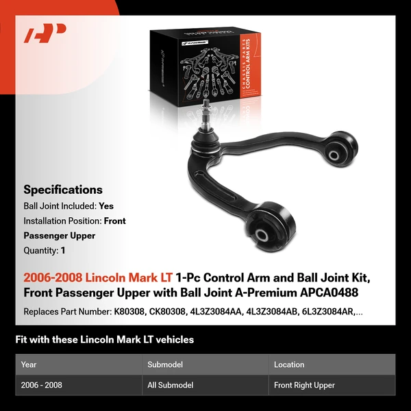 2006-2008 Lincoln Mark LT 1-Pc Control Arm and Ball Joint Kit, Front Passenger Upper with Ball Joint A-Premium APCA0488