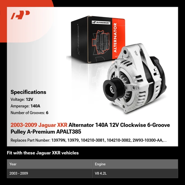 2003-2009 Jaguar XKR Alternator 140A 12V Clockwise 6-Groove Pulley A-Premium APALT385