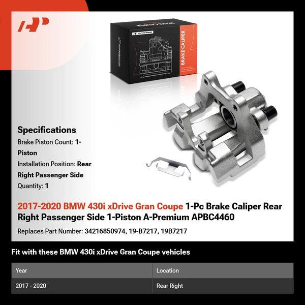 2017-2020 BMW 430i xDrive Gran Coupe 1-Pc Brake Caliper Rear Right Passenger Side 1-Piston A-Premium APBC4460