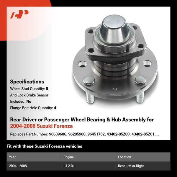 Rear Driver or Passenger Wheel Bearing & Hub Assembly for 2004-2008 Suzuki Forenza