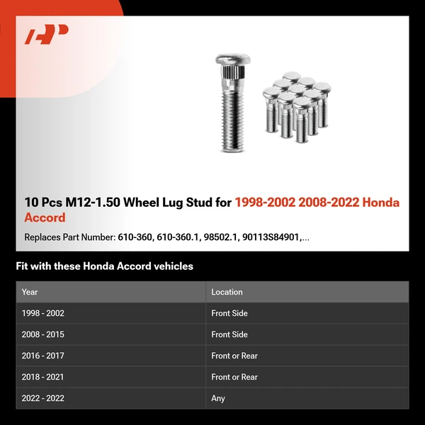 10 Pcs M12-1.50 Wheel Lug Stud for 1998-2002 2008-2022 Honda Accord