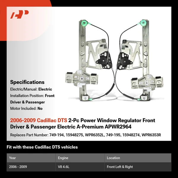 2006-2009 Cadillac DTS 2-Pc Power Window Regulator Front Driver & Passenger Electric A-Premium APWR2964