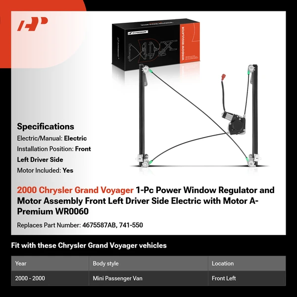 2000 Chrysler Grand Voyager 1-Pc Power Window Regulator and Motor Assembly Front Left Driver Side Electric with Motor A-Premium WR0060
