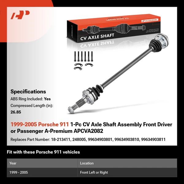 1999-2005 Porsche 911 1-Pc CV Axle Shaft Assembly Front Driver or Passenger A-Premium APCVA2082
