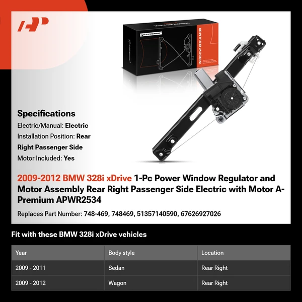 2009-2012 BMW 328i xDrive 1-Pc Power Window Regulator and Motor Assembly Rear Right Passenger Side Electric with Motor A-Premium APWR2534