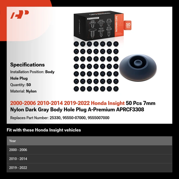2000-2006 2010-2014 2019-2022 Honda Insight 50 Pcs 7mm Nylon Dark Gray Body Hole Plug A-Premium APRCF3308