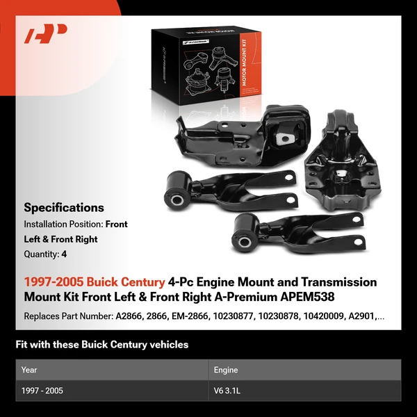 1997-2005 Buick Century 4-Pc Engine Mount and Transmission Mount Kit Front Left & Front Right A-Premium APEM538
