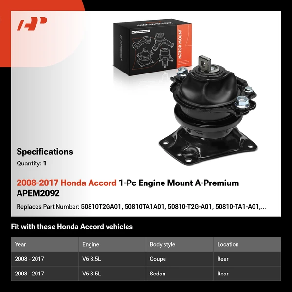 2008-2017 Honda Accord 1-Pc Engine Mount A-Premium APEM2092