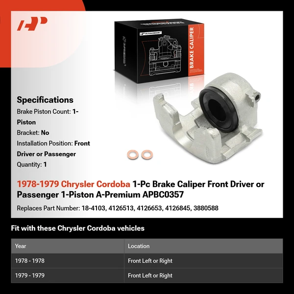 1978-1979 Chrysler Cordoba 1-Pc Brake Caliper Front Driver or Passenger 1-Piston A-Premium APBC0357