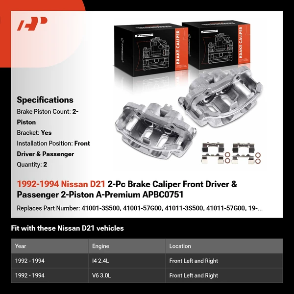 1992-1994 Nissan D21 2-Pc Brake Caliper Front Driver & Passenger 2-Piston A-Premium APBC0751