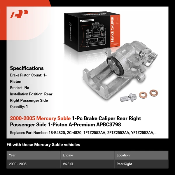 2000-2005 Mercury Sable 1-Pc Brake Caliper Rear Right Passenger Side 1-Piston A-Premium APBC3798