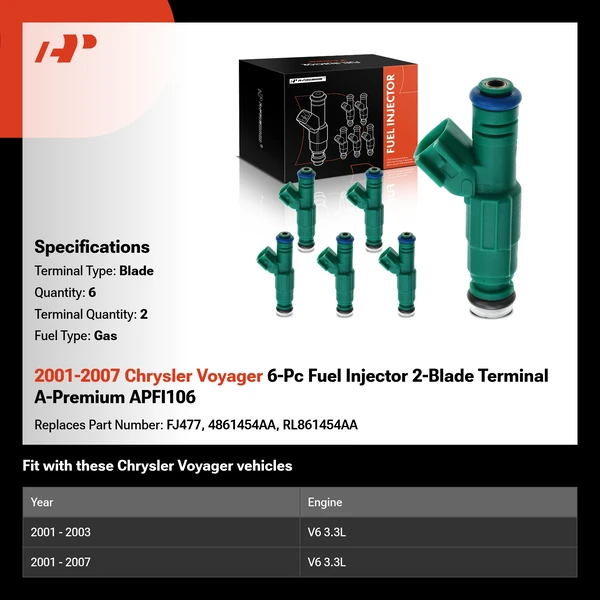 2001-2007 Chrysler Voyager 6-Pc Fuel Injector 2-Blade Terminal A-Premium APFI106