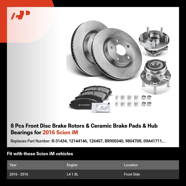 8 Pcs Front Disc Brake Rotors & Ceramic Brake Pads & Hub Bearings for 2016 Scion iM