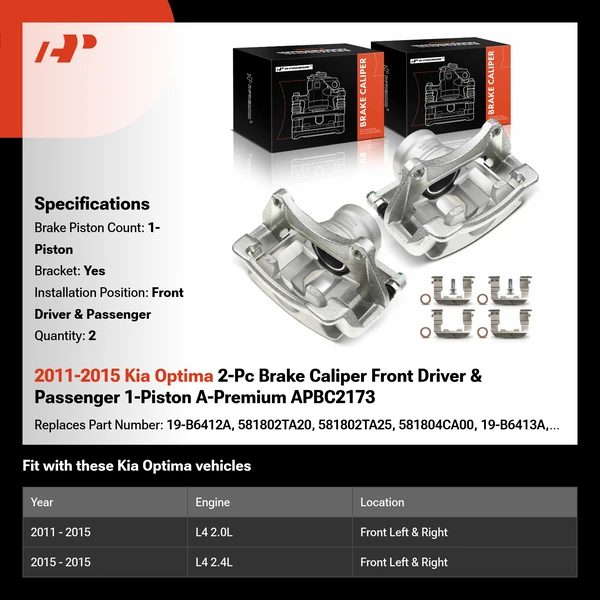 2011-2015 Kia Optima 2-Pc Brake Caliper Front Driver & Passenger 1-Piston A-Premium APBC2173