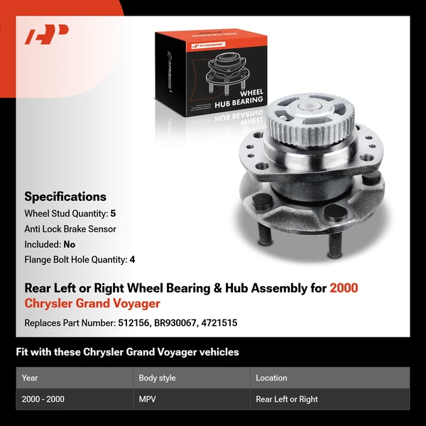 Rear Left or Right Wheel Bearing & Hub Assembly for 2000 Chrysler Grand Voyager