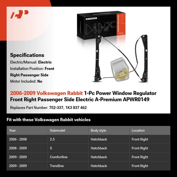 2006-2009 Volkswagen Rabbit 1-Pc Power Window Regulator Front Right Passenger Side Electric A-Premium APWR0149