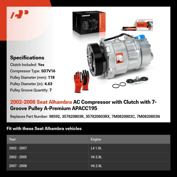 2002-2008 Seat Alhambra AC Compressor with Clutch with 7-Groove Pulley A-Premium APACC195