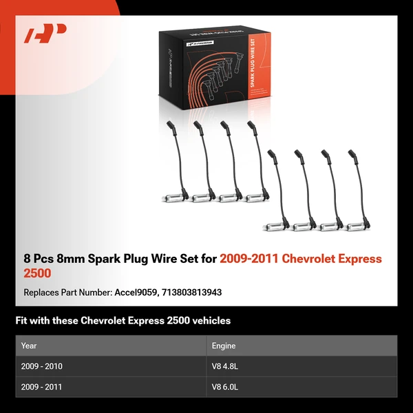 8 Pcs 8mm Spark Plug Wire Set for 2009-2011 Chevrolet Express 2500